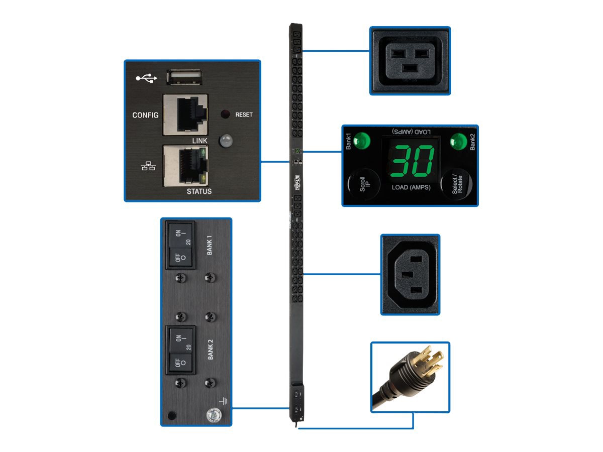 Tripp Lite 5/5.8kW Single-Phase Monitored PDU, LX Interface, 208/240V Outlets (36 C13/6 C19), L6-30P, 10 ft. Cord, 0U