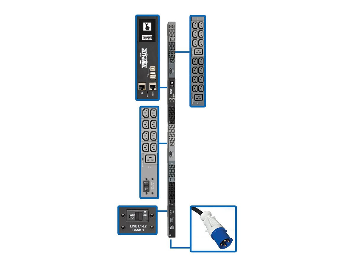 Eaton Tripp Lite Series 14.5kW 3-Phase Monitored PDU, LX Interface, 200/208/240V Outlets (42 C13/6 C19), LCD, IEC 309