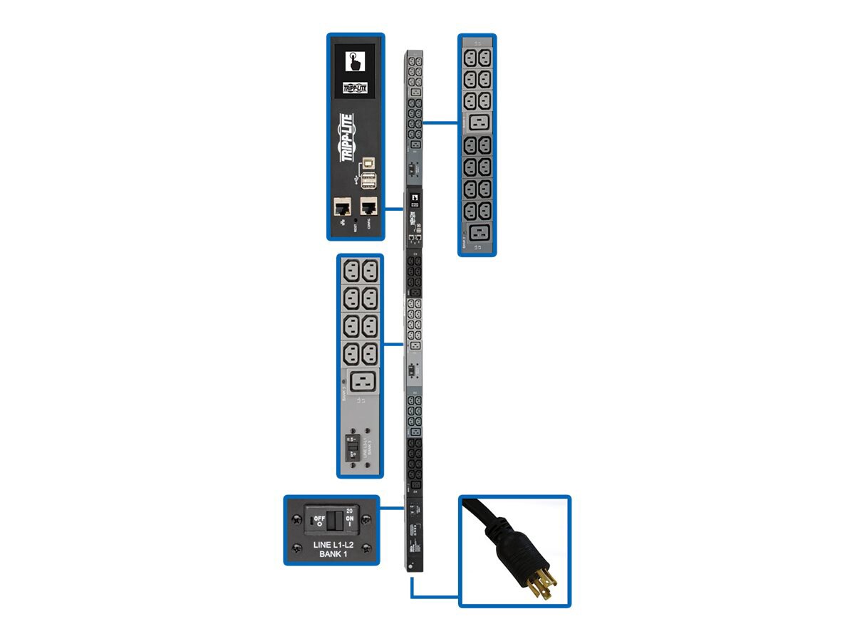 Tripp Lite 10kW 3-Phase Monitored PDU, LX Interface, 200/208/240V Outlets (42 C13/6 C19), LCD, NEMA L15-30P, 3m/10 ft.