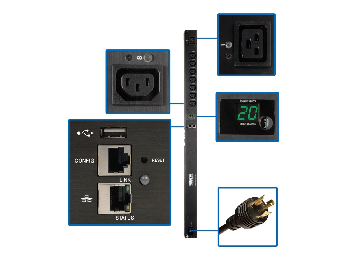 Tripp Lite 3.3-3.7kW Single-Phase Switched PDU, LX Platform Interface, 208/230V Outlets (7 C13/1 C19), C20/L6-20P, 0U