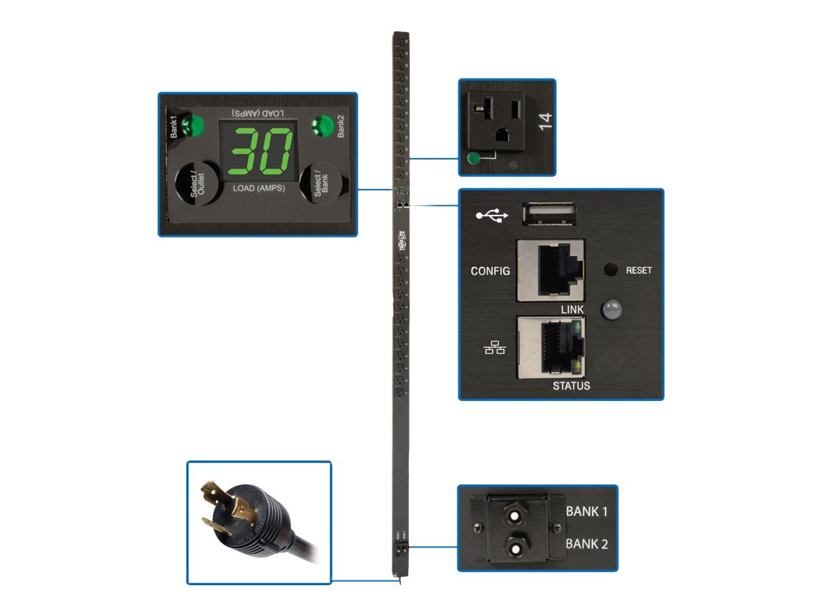 Tripp Lite 2.9kW Single-Phase Switched PDU, LX Platform, Outlet Monitoring, 120V Outlets (24 NEMA 5-15/20R), L5-30P