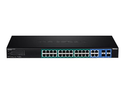 TRENDnet 28-Port Web Smart PoE+ Switch; 24 x Gigabit PoE+ Ports; 4 x Shared Gigabit Ports (RJ-45 or SFP); VLAN; QoS;