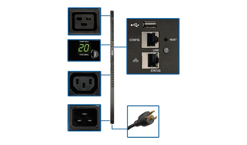 Tripp Lite 3.3-3.7kW Single-Phase Monitored PDU, LX Platform Interface, 208/230V Outlets (20 C13/4 C19), C20/L6-20P, 0U