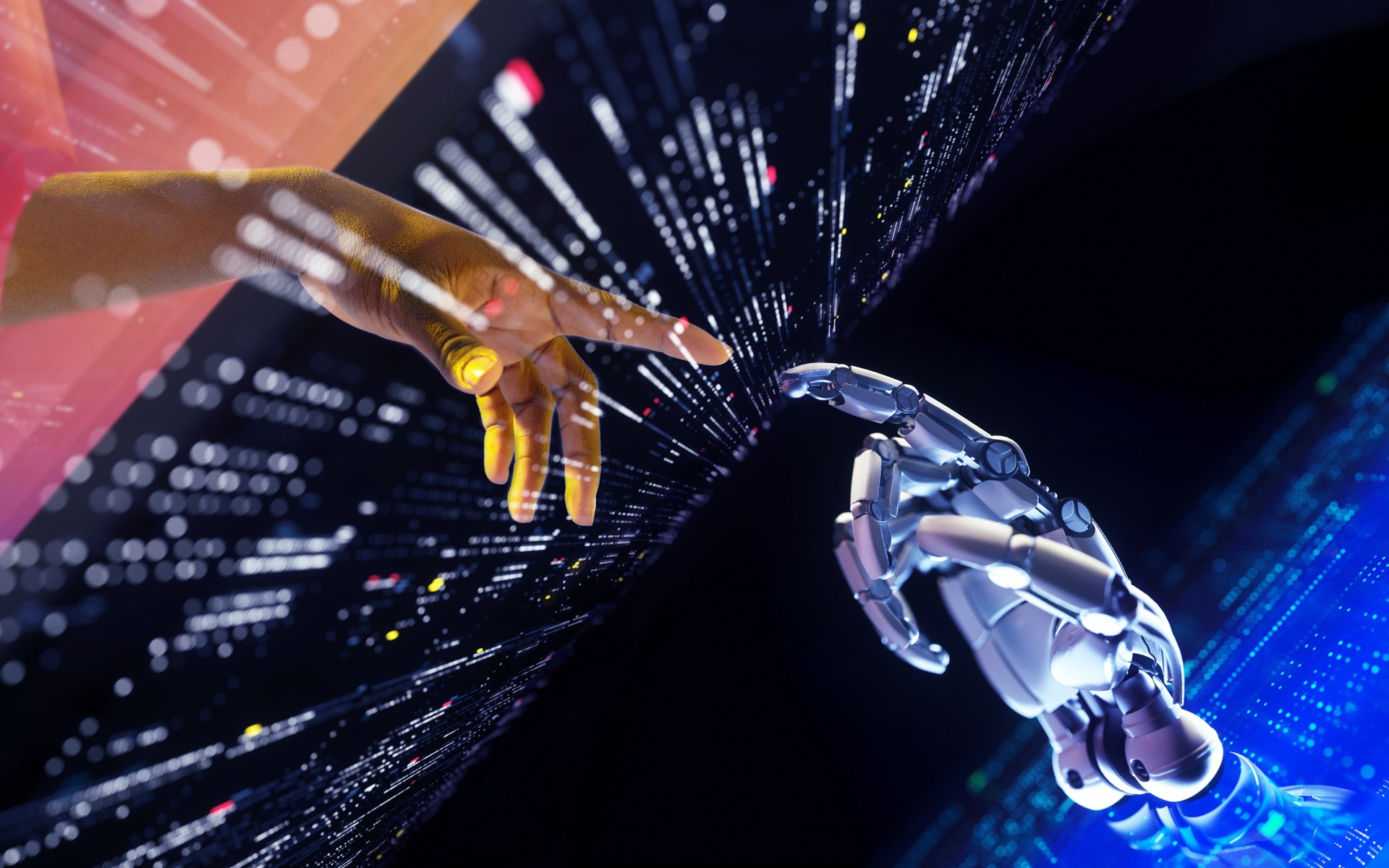 Abstract of a human and robot doing a creation of adam esq-pose in digital space.