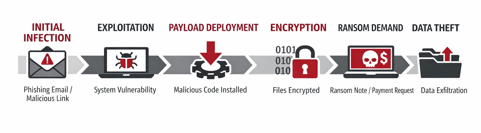 Diagram shows the stages of a ransomware cyberattack from initial infection to data theft. The process begins with phishing email or malicious link, followed by exploitation of a system vulnerability. Next, malicious code is installed during payload deployment, leading to file encryption represented by binary digits 0101 and 010. Subsequent stages include ransom demand with a payment request and final data exfiltration. Icons and arrows visually connect each labeled phase in a linear sequence.