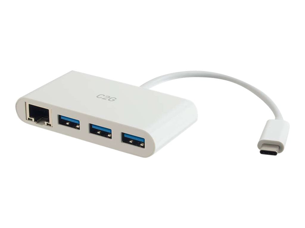 C2G USB C to Ethernet Adapter with 3-Port USB Hub - White