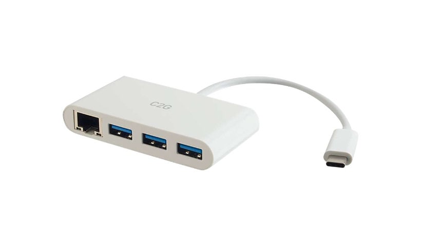 C2G USB C to Ethernet Adapter with 3-Port USB Hub - White