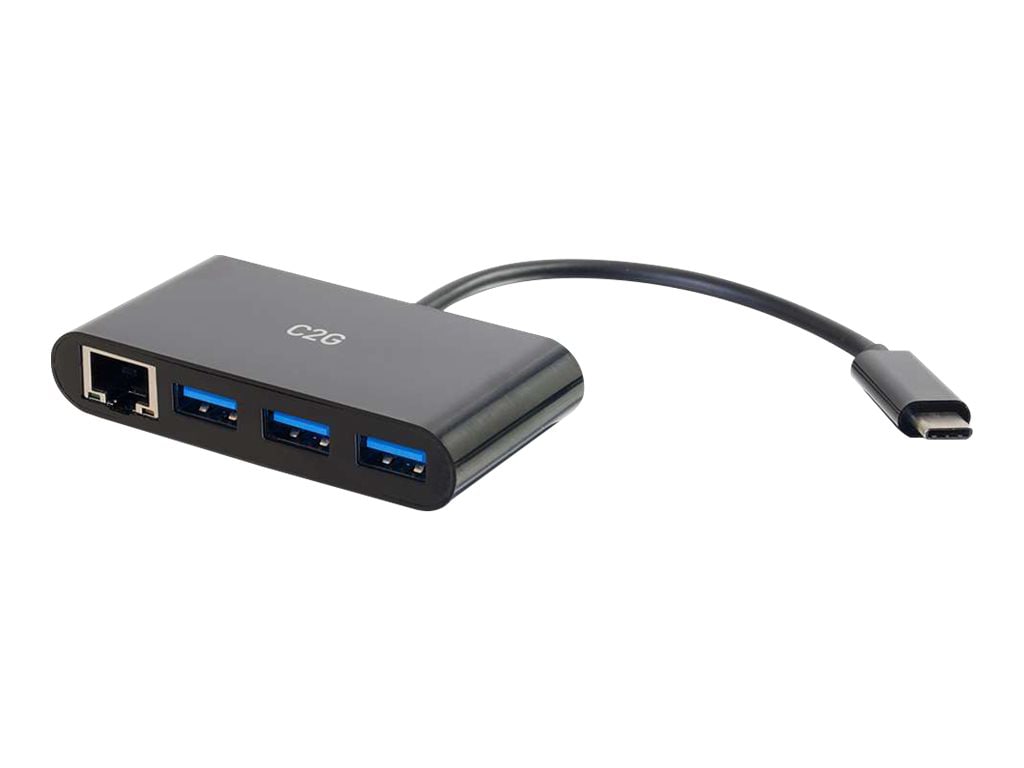 C2G 3-Port USB Hub with Ethernet - USB C to Ethernet Hub - USB C to USB Hub - USB 3.0 - Black