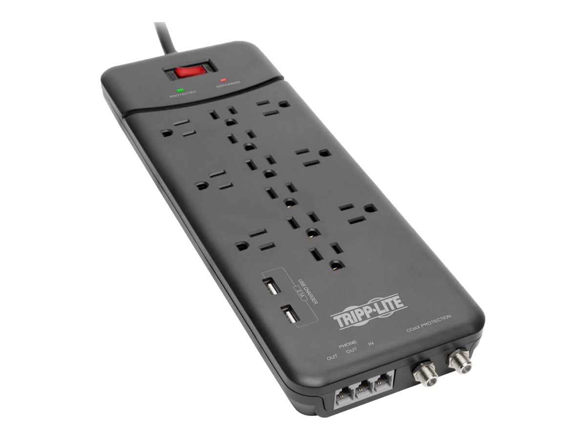 Eaton Tripp Lite Series 12-Outlet Surge Protector Power Strip 8 ft. Cord, 4320 Joules, Tel/Modem/Coax Protection, 2 USB