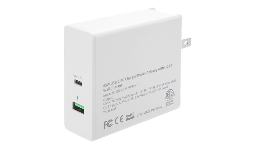 SIIG 65W USB-C PD Charger Power Delivery with QC3.0 Wall Charger power adapter - USB, 24 pin USB-C - 65 Watt