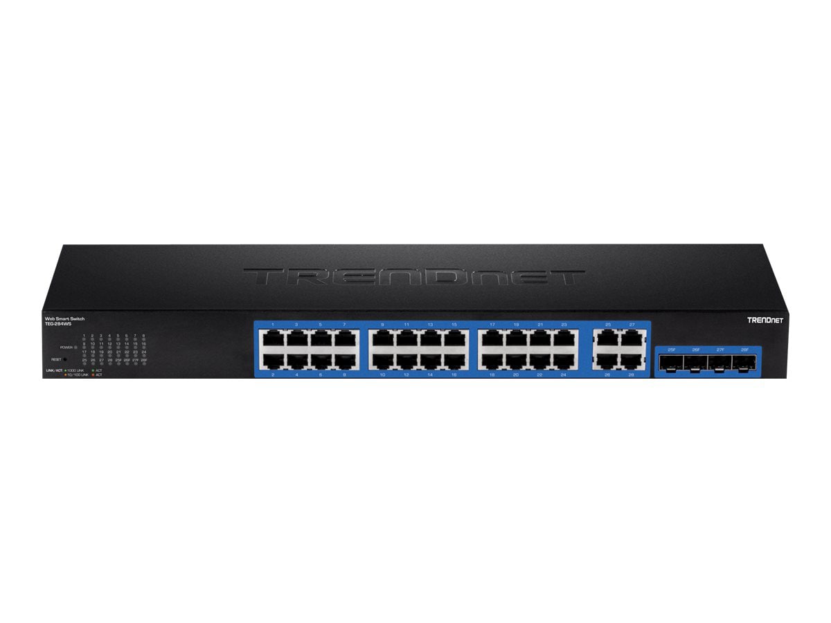 TRENDnet 28-Port Gigabit Web Smart Switch; 24 x Gigabit Ports; 4 x Shared Gigabit Ports (RJ-45/SFP); VLAN; QoS; LACP;