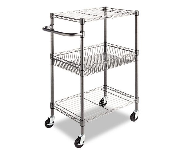 Alera 28"x16"x39" Three-Tier Wire Rolling Cart - Black Anthracite