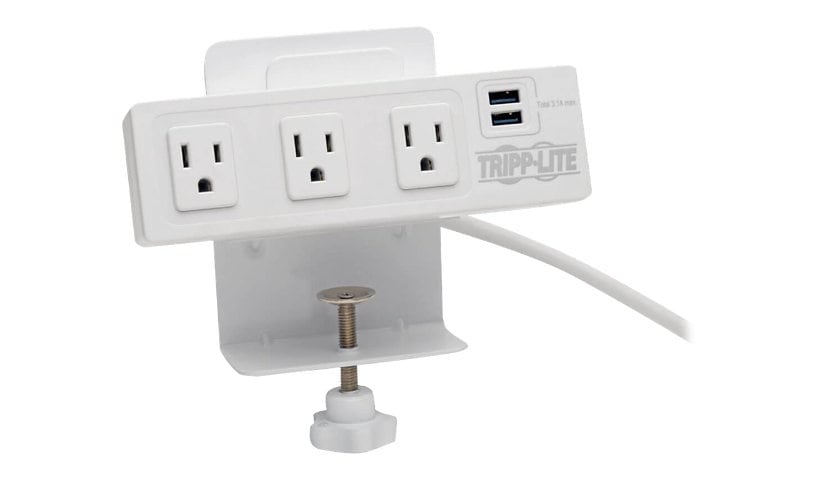 Tripp Lite 3-Outlet Surge Protector Power Strip with 2 USB Ports, 10 ft. Cord (3.05m) - 510 Joules, Desk Clamp, White