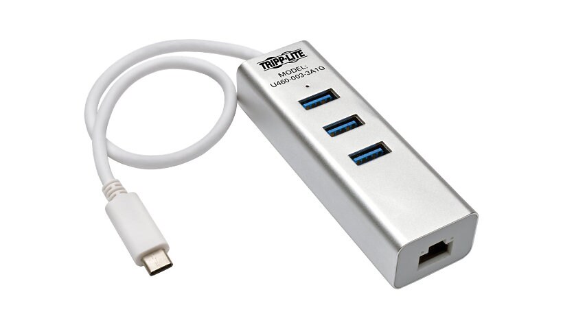 Tripp Lite 3-Port USB 3.1 Gen 1 USB-C Portable Hub/Adapter, 3 USB-A Ports and Gigabit Ethernet Port, Thunderbolt 3