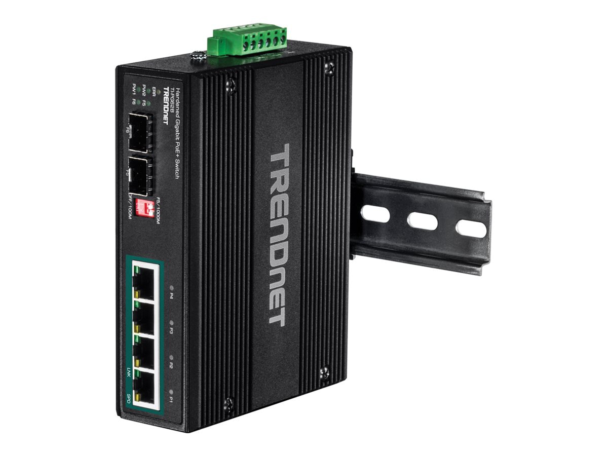 TRENDnet 6-Port Hardened Industrial Unmanaged Gigabit 10/100/1000Mbps DIN-Rail Switch, 4 x Gigabit PoE+ Ports, 2 x