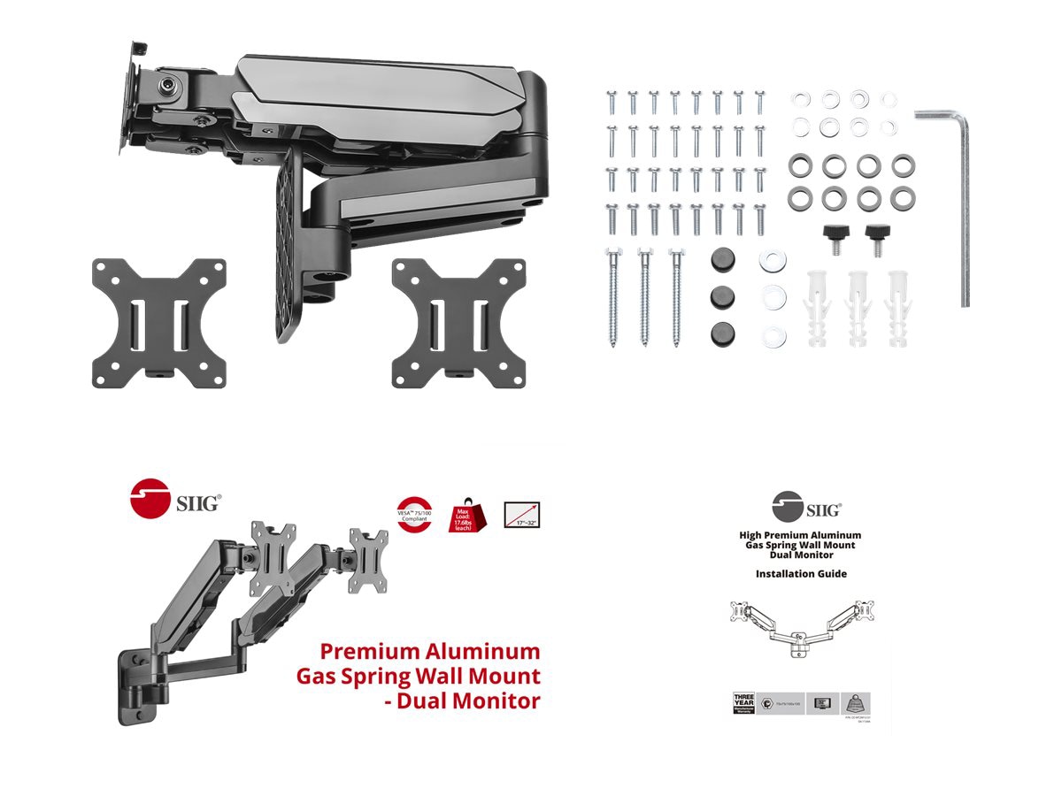 Thumbnail 4 of 5 for SIIG High Premium Aluminum Gas Spring Wall Mount Dual Monitor 17" to 32" bracket - full-motion adjustable arm - for 2