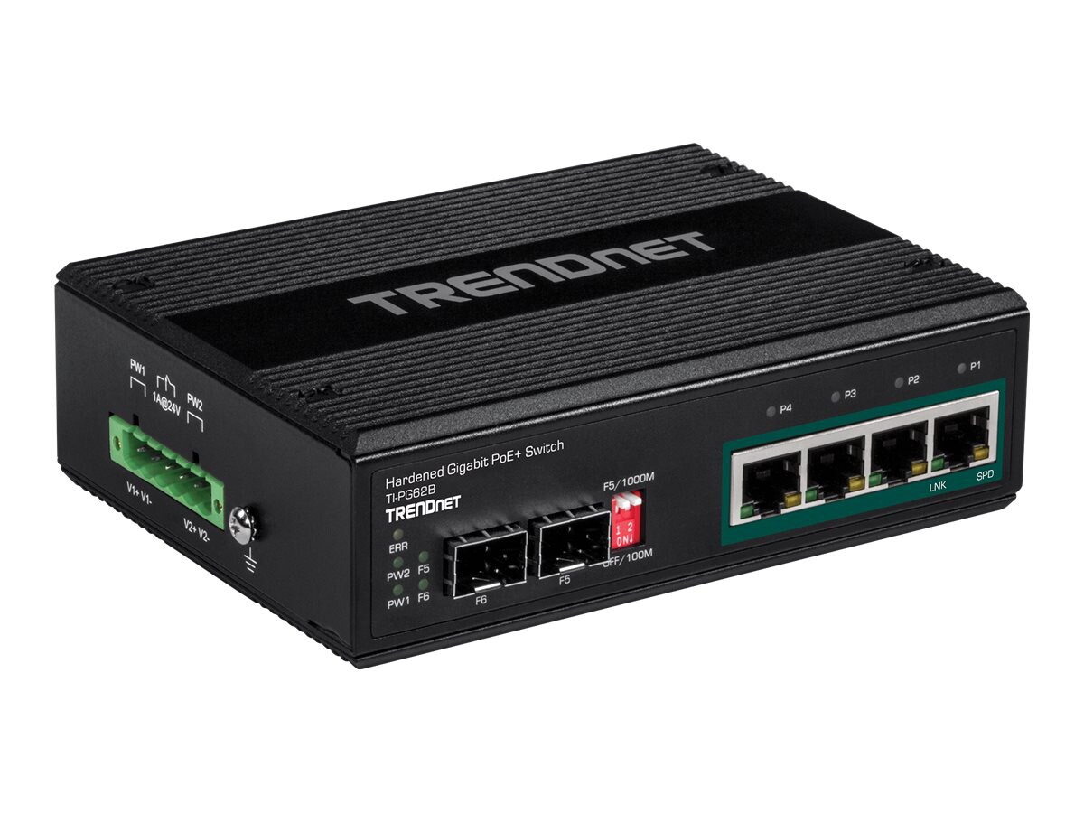 TRENDnet 6-Port Industrial Gigabit PoE+ DIN-Rail Switch; 12-56V; Alarm Relay; 2 Dedicated SFP Slots; IP30 Rated Housing;