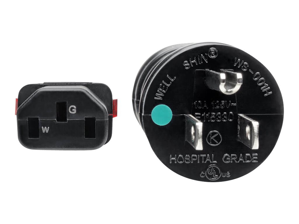 Thumbnail 2 of 8 for Eaton Tripp Lite Series Hospital-Grade Power Cord, NEMA 5-15P to Locking IEC C13 - Green Dot, 10A, 125V, 18 AWG, 10 ft.