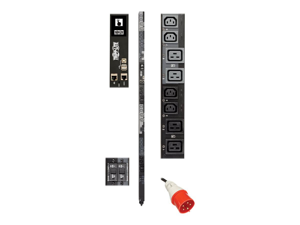 Tripp Lite 22.2kW 3-Phase Switched PDU - 12 C13 &amp; 12 C19 Outlets, IEC 309 32A Red, 0U, Outlet Monitoring, TAA -