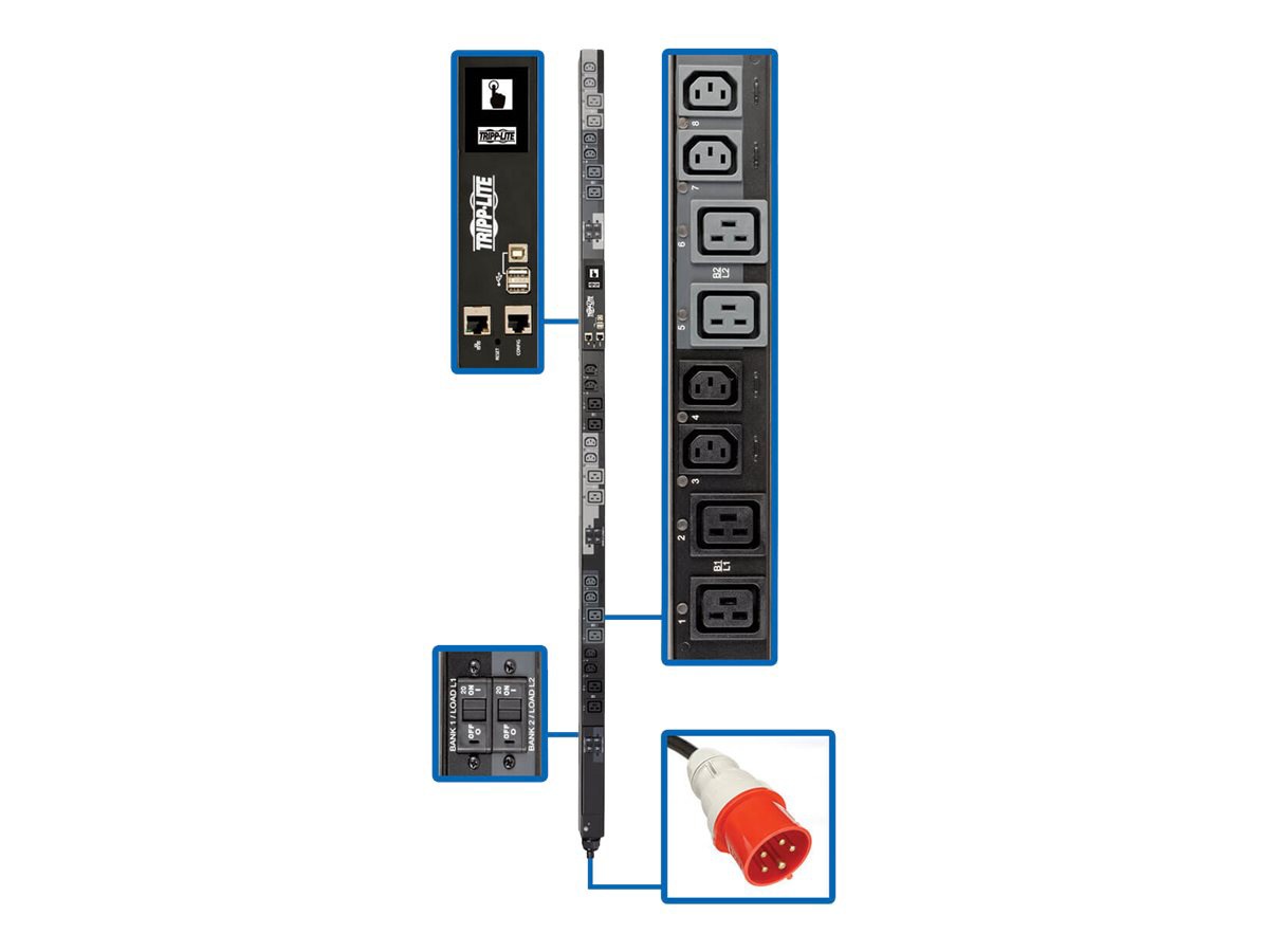 Tripp Lite 25.2kW 3-Phase Switched PDU - 12 C13 &amp; 12 C19 Outlets, IEC 309 60A Red, 0U, Outlet Monitoring, TAA -