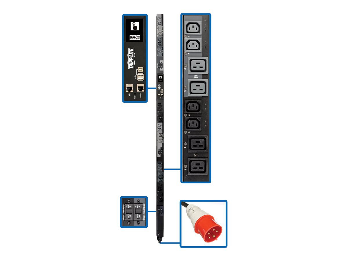 Tripp Lite 17.3kW 3-Phase Switched PDU - LX Platform, 12 C13 & 12 C19 Outlets, L22-30P, Outlet Monitoring, TAA - power