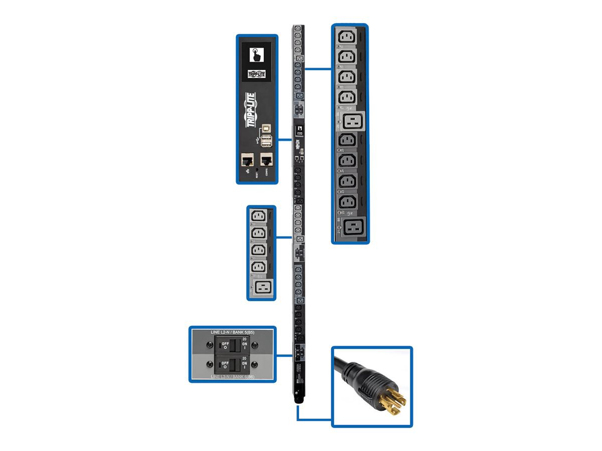 Tripp Lite 17.3kW 3-Phase Switched PDU, LX Platform Interface, 240V Outlets (24 C13/6 C19), Touchscreen LCD, NEMA