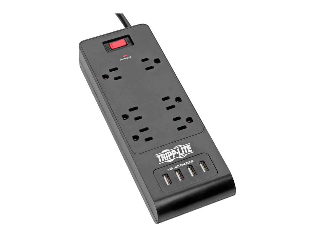 Tripp Lite 6-Outlet Surge Protector with 4 USB Ports (4.2A Shared) - 6 ft. Cord, 900 Joules, Black - surge protector -