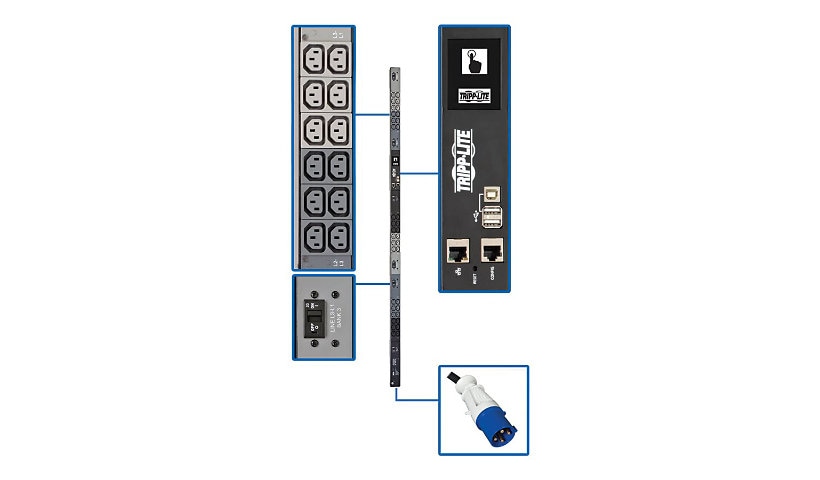 Tripp Lite 18.7kW 3-Phase Monitored PDU w/LX Platform, 208/240V Output (36 C13), IEC 309 60A Blue, 0U, TAA - power