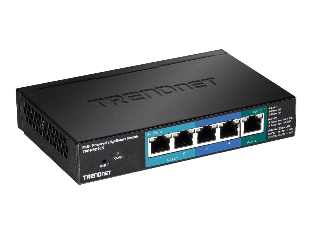 TRENDnet 5-Port Gigabit PoE+ Powered EdgeSmart Switch With PoE Pass Through, 18W PoE Budget, 10Gbps Switching Capacity,