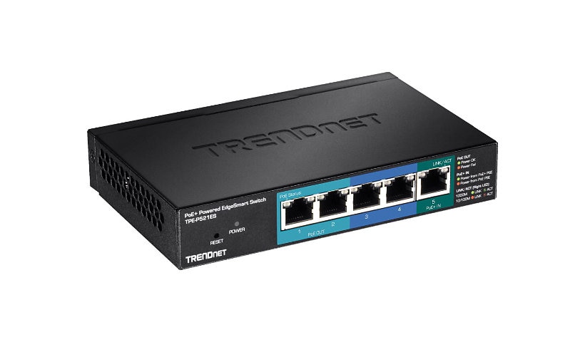 TRENDnet 5-Port Gigabit PoE+ Powered EdgeSmart Switch With PoE Pass Through, 18W PoE Budget, 10Gbps Switching Capacity,