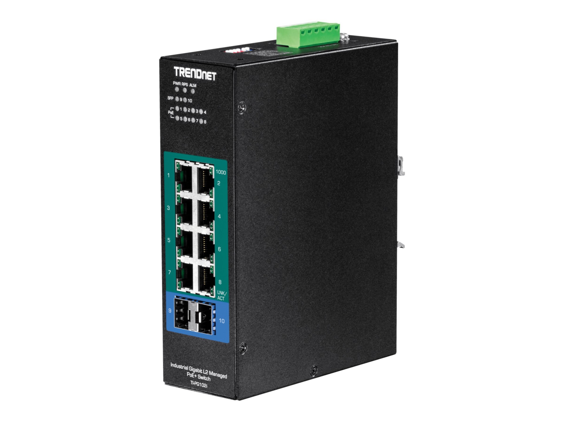 TRENDnet 10-Port Industrial Gigabit L2 Managed PoE+ DIN-Rail Switch, 8 x Gigabit PoE+ Ports, DIN-Rail Mount, 2 x SFP