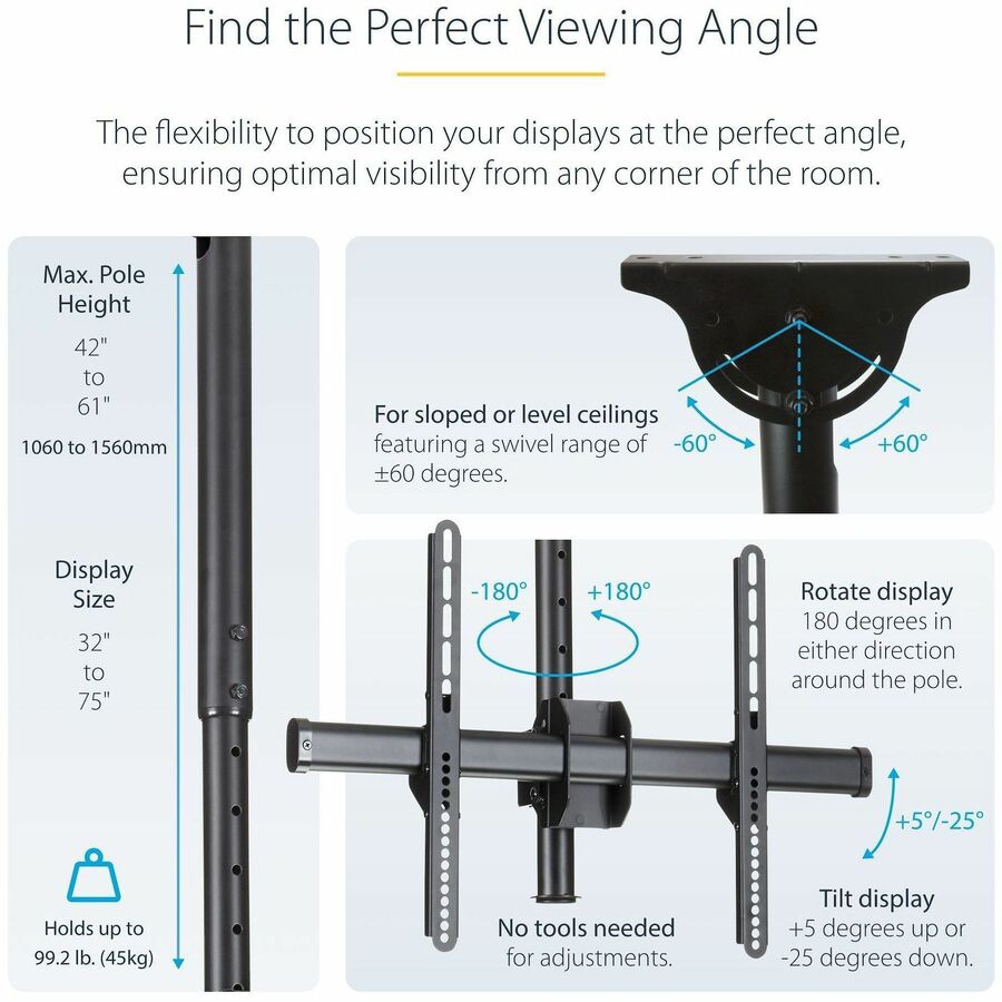 Thumbnail 2 of 8 for StarTech.com Dual TV Ceiling Mount, Hanging 2 Screen VESA Pole Mount for 32-75" TVs - Height Adjustable Telescopic Pole