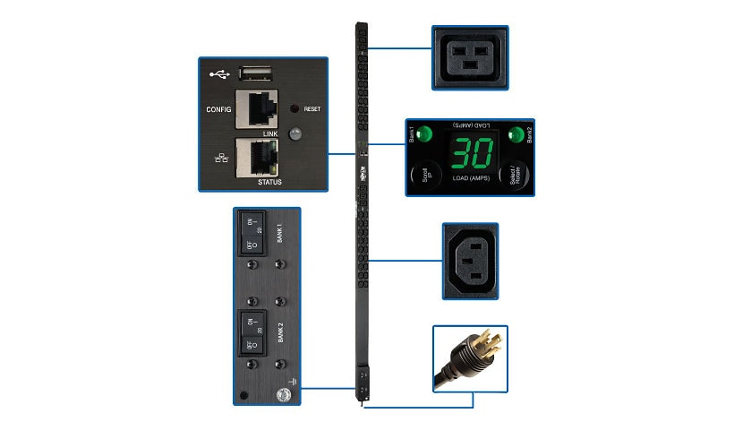 Tripp Lite 5/5.8kW Single-Phase Monitored PDU, LX Interface, 208/240V Outlets (36 C13/6 C19), L6-30P, 10 ft. Cord, 0U