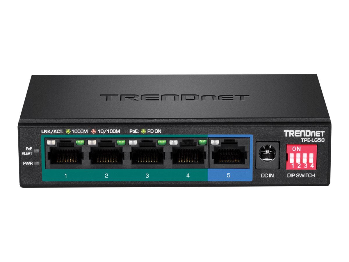 TRENDnet 5-Port Gigabit Long Range PoE+ Switch, 4 x Gigabit PoE+ Ports, 1 x