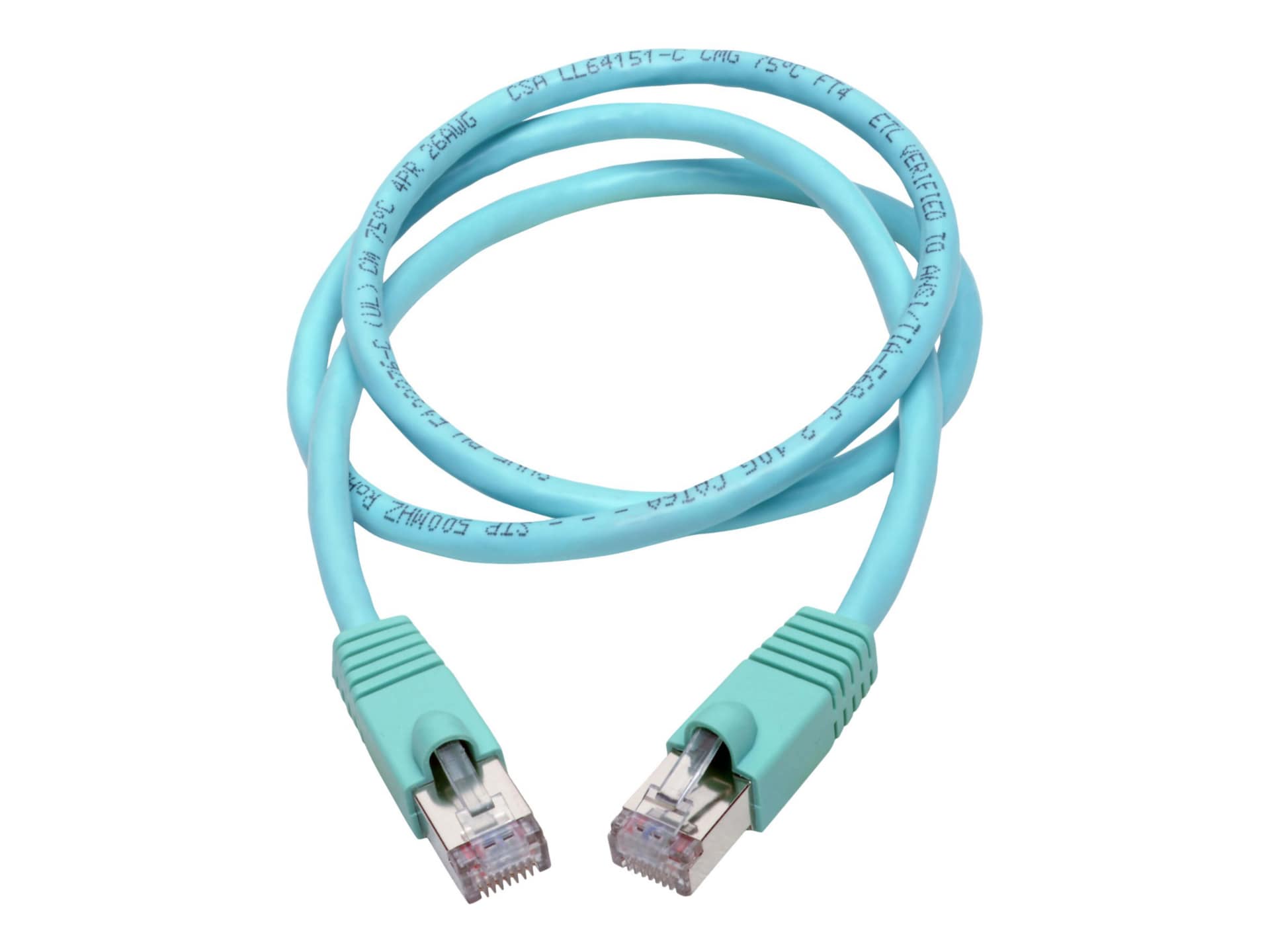 Eaton Tripp Lite Series Cat6a 10G Snagless Shielded STP Ethernet Cable (RJ45 M/M), PoE, Aqua, 3 ft. (0.91 m) - patch