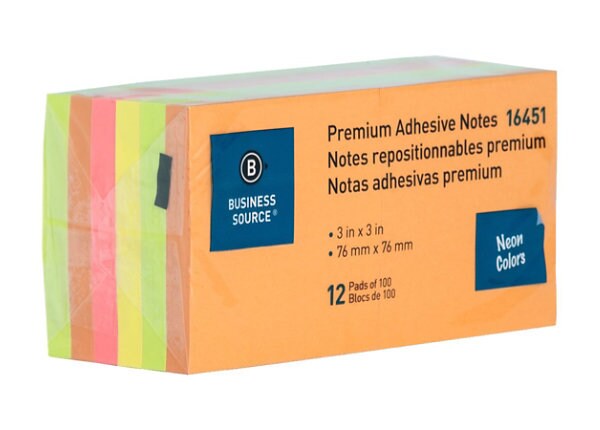 BUSINESS NOTES ADHSIVE 3X3 12PK NEON