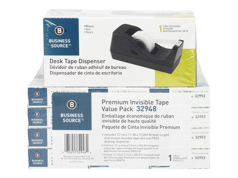 Business Source Premium Invisible - dispenser with office tape (12 rolls) - 0.75 in x 1000 ft - black dispenser, clear