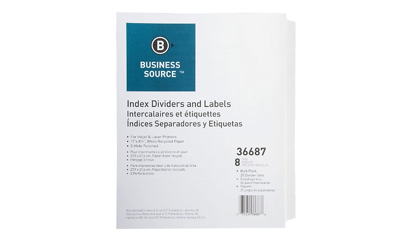 Business Source Punched Laser Index Dividers - White - 8 Blank Tabs