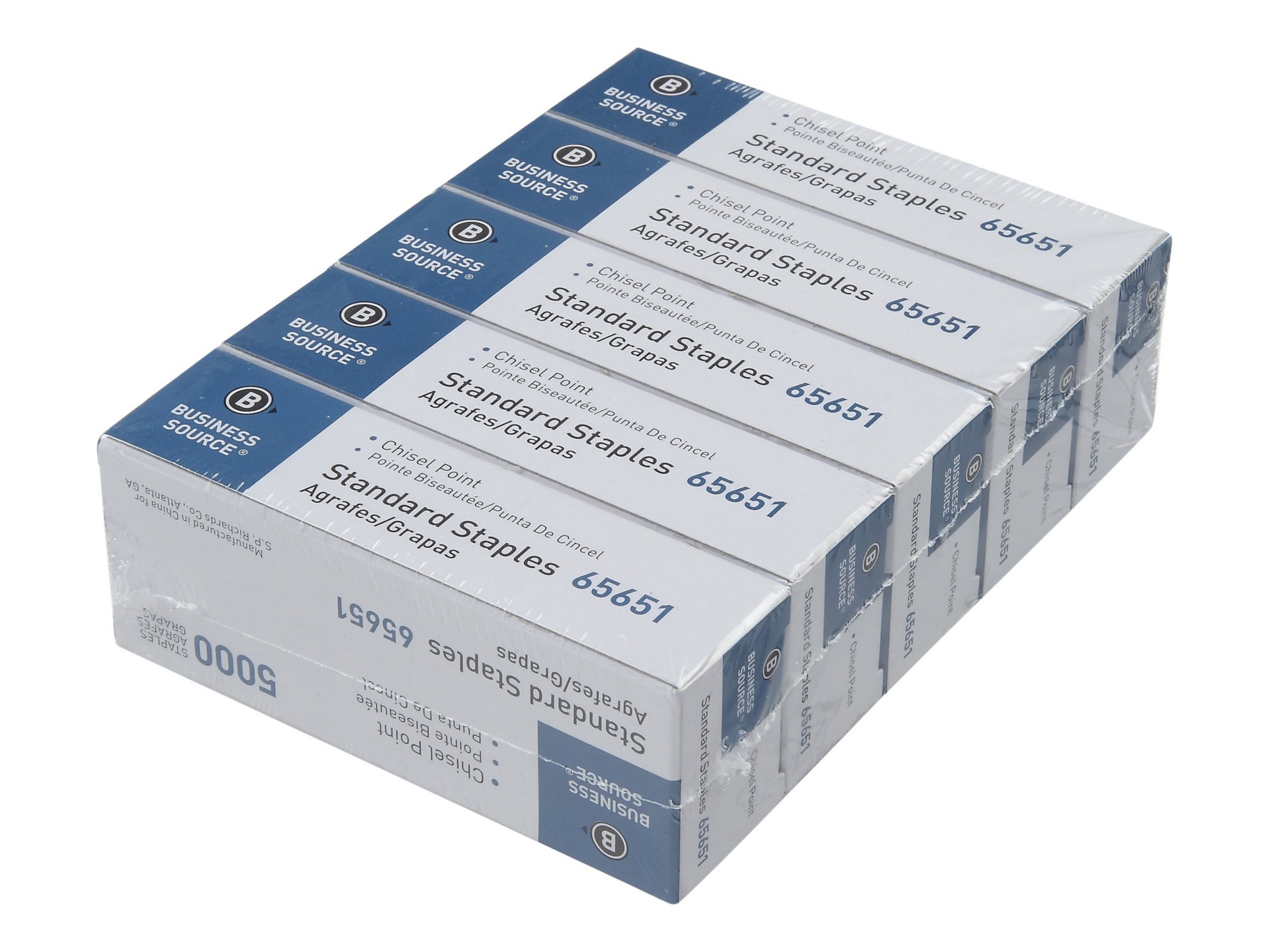 Business Source Chisel Point Standard Staples - 5 Packs of 5000 Staples Each - Silver