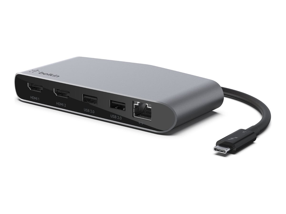 Belkin Thunderbolt 3 Mini Docking Station - 40 Gbps - 2xUSB-A, 2xHDMI, 1xEthernet - 4K - w/ Tethered USB-C Cable - Grey