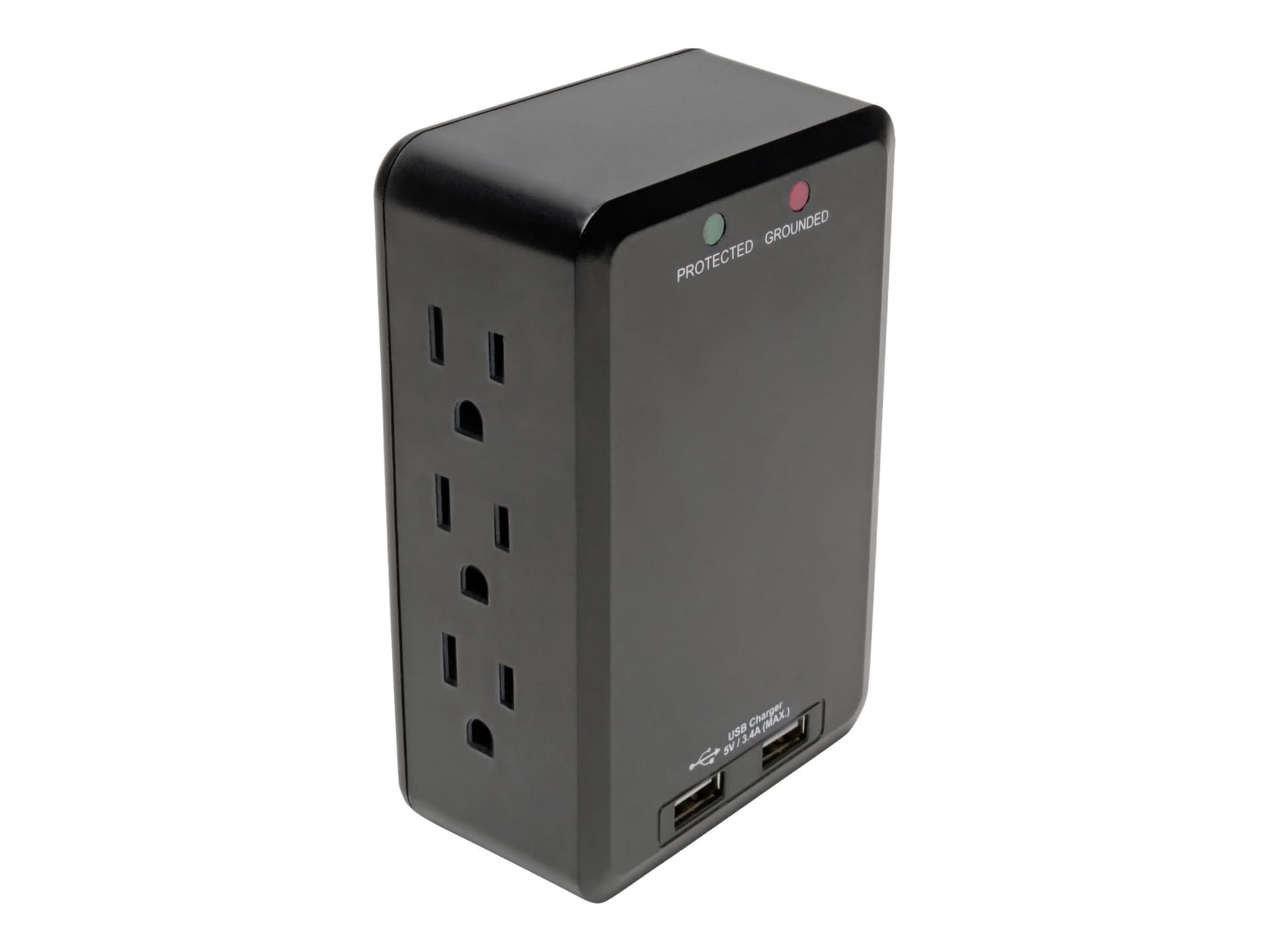 Tripp Lite 6-Outlet Surge Protector with 2 USB Ports (3.4A Shared) - Side Load, Direct Plug-In, 1050 Joules - surge