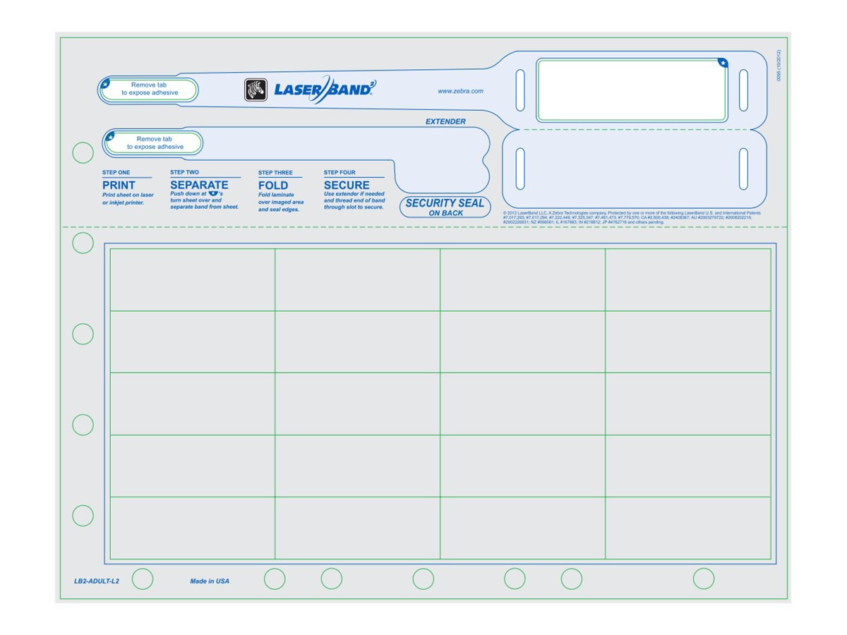 Zebra LaserBand2 8.5"x11" Adult Wristband Labels - Blue