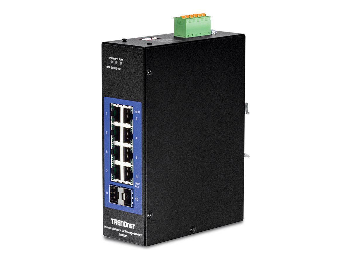 TRENDnet 10-Port Industrial Gigabit L2 Managed DIN-Rail Switch, TI-G102i, 8 X Gigabit, 2 X SFP Slots, DIN-Rail Mount,