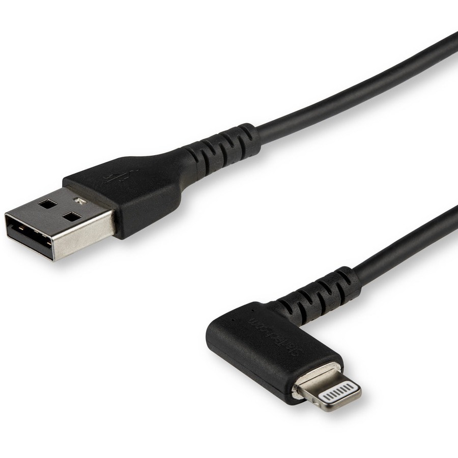 StarTech.com 6ft/2m Durable USB A to Lightning Cable, Black MFi Certified Right Angled Rugged iPhone Charge Cord