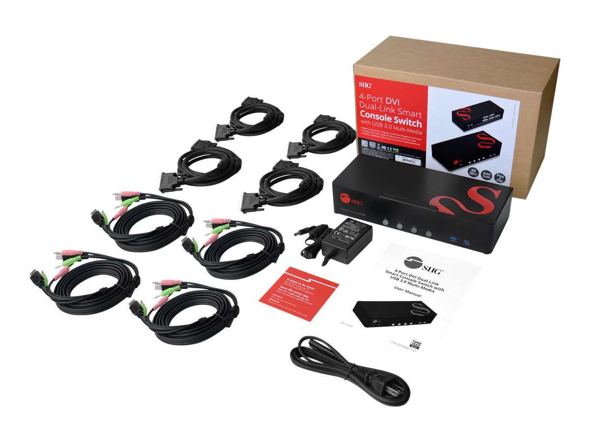 SIIG 4 Port 4K DVI Dual Link KVM Switch with USB 3.0, Audio, Mic - KVM / au