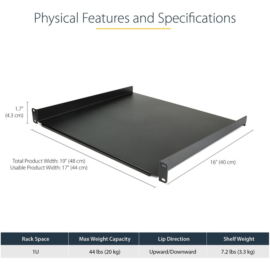 Thumbnail 6 of 12 for StarTech.com 1U Server Rack Cabinet Shelf - Fixed 16" Deep Cantilever Rackmount Tray for 19" Data/AV/Network Enclosure
