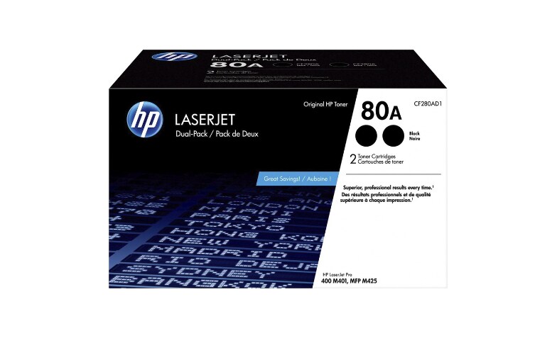 HP 80A (CF280AD1) Original Laser Toner Cartridge - Black - 2 / Carton - 2560 Pages (Per Cartridge)