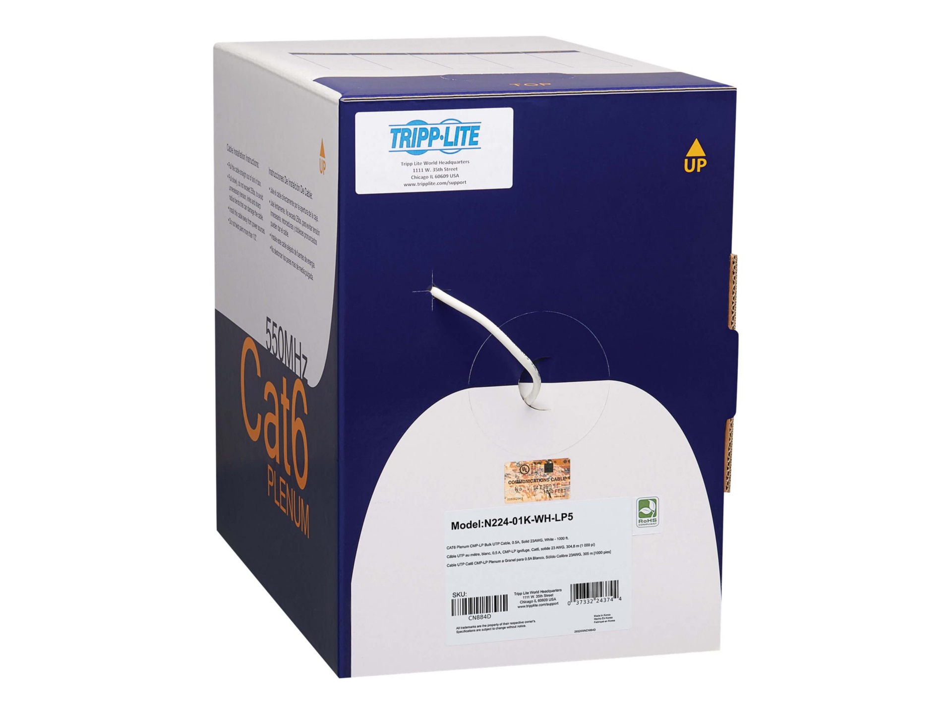 Eaton Tripp Lite Series Cat6 Gigabit Solid Core UTP Bulk Ethernet Cable, CMP-LP 0.5A Plenum, 100W PoE/PoE++, White, 1000