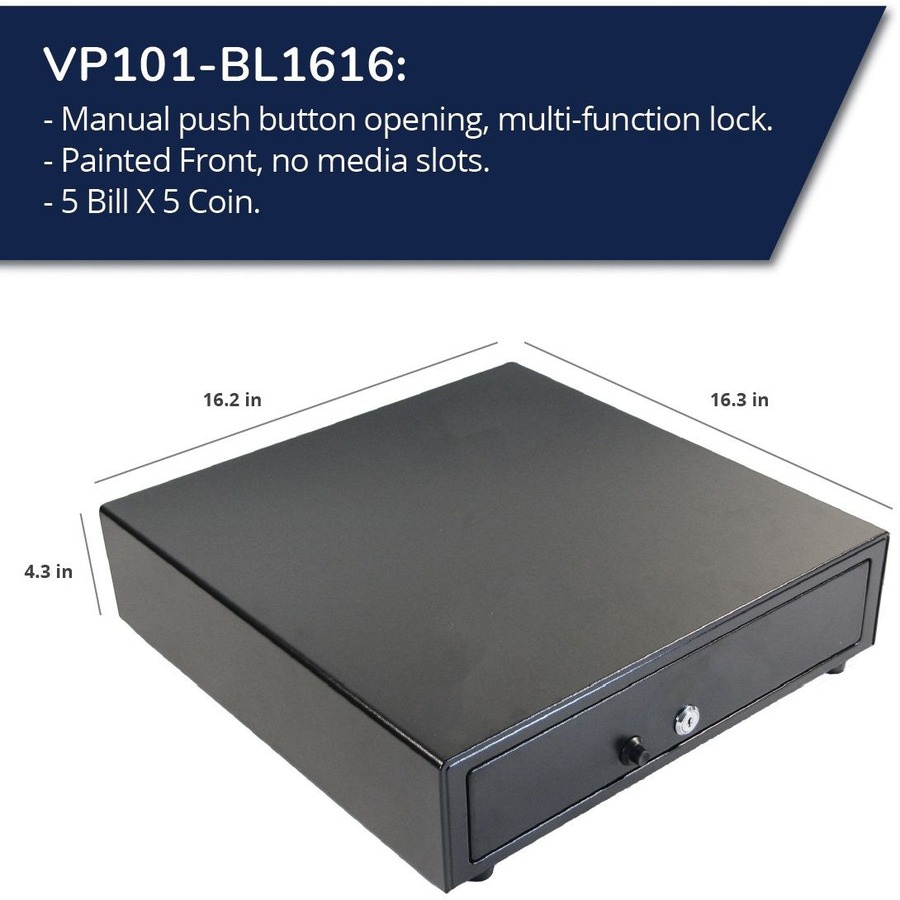 Thumbnail 3 of 8 for apg Manual 16.2" Point of Sale Cash Drawer | Vasario Series VP101-BL1616 | Push-Button Operation | Plastic Till with 5