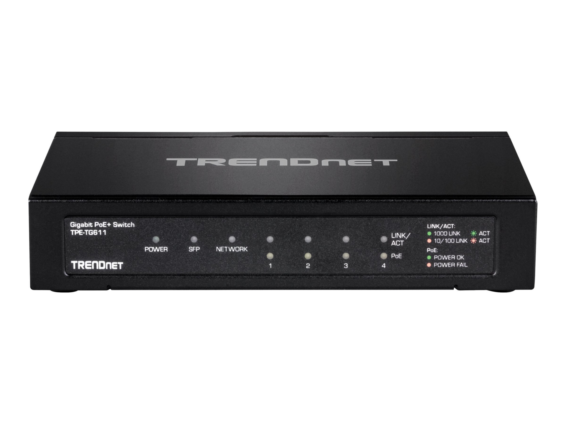 TRENDnet 6-port Gigabit Poe+ Switch; TPE-TG611; 4 X Gigabit Poe+ Ports; 1 X Gigabit Port; 1 X SFP Slot; Supports